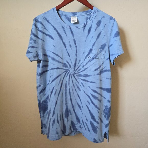 PINK Victoria's Secret Blue Tie Dye Love Pink Pocket Tee Shirt - Picture 2 of 15